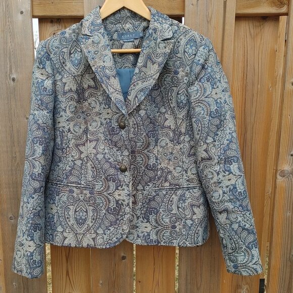 VINTAGE KORET Tapestry Blazer Women's Size 12 BLUE SILVER PURPLE - Picture 1 of 8
